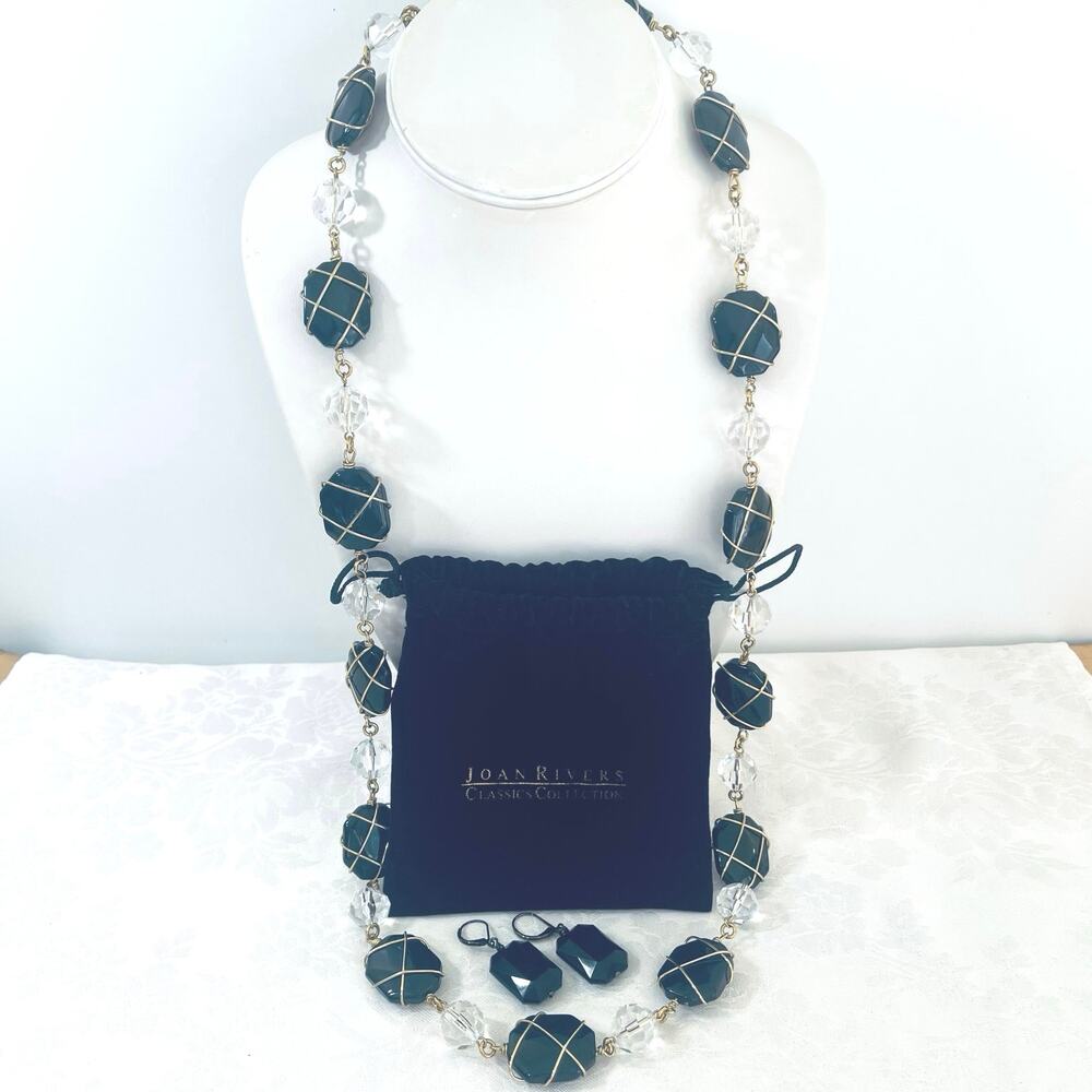 Vtg Joan Rivers Black Lucite Wire Wrapped Necklace 34" Long Earrings Art Deco